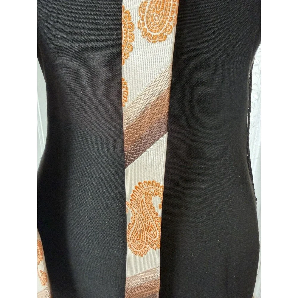 Karl Knox Bold Designer Necktie Orange Paisley Geometric Brown Cream Microfiber